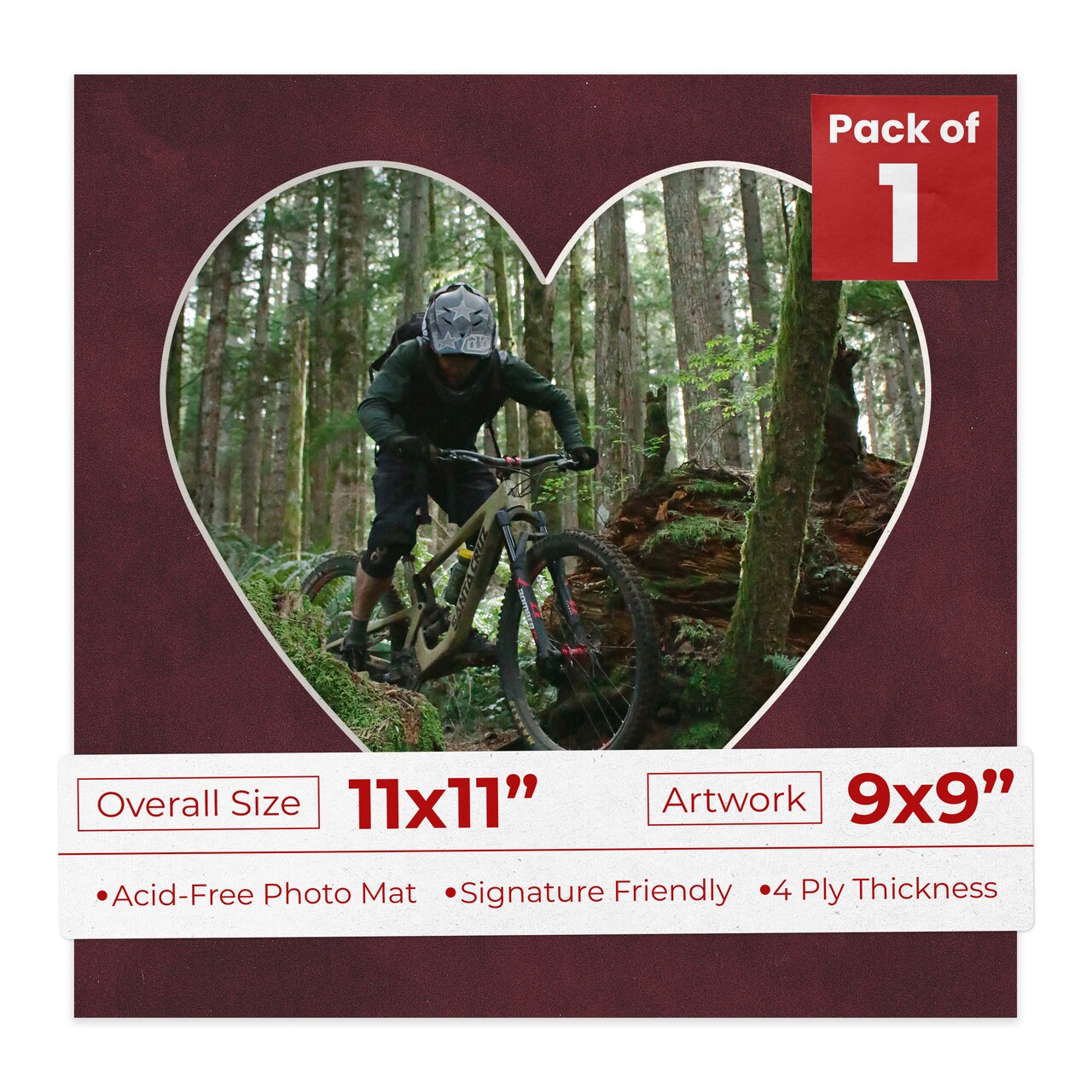 Dark Red Suede Mat Board for 11x11 Frames - Heart Opening for 9x9 Photos